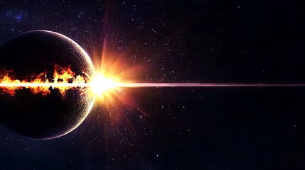 Fototapeta premium A fiery explosion on a distant planet against a cosmic backdrop with stars and light rays