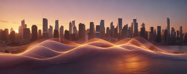 Business background lines wave abstract stripe design with cityscape at sunset,  urban,  business,  abstract