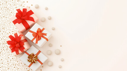 Gift-Giving Elegance: Four elegantly wrapped gifts with vibrant bows are artfully arranged alongside scattered decorations, celebrating the spirit of generosity.