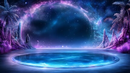 A fantastical landscape featuring a nebula sky over a lagoon