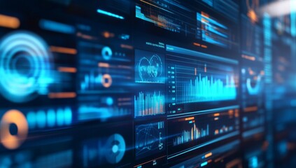 Digital dashboard displays data analytics, glowing futuristic background, tech presentation