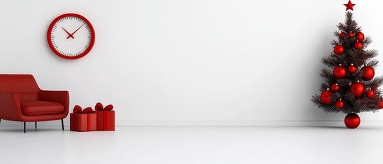 Red Christmas Tree with Chair and Gifts Presents Holiday Time Concept Decoration Festive Winter Season