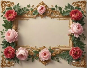 Classic Baroque-style frame with scrolling leaves and roses peonies in a stylized calligraphic pattern,  retro tattoo, peony flower,  leaf scroll