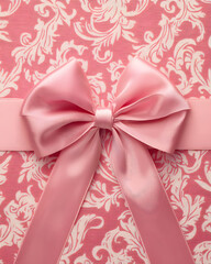 Pink Satin Ribbon Bow on Damask Fabric