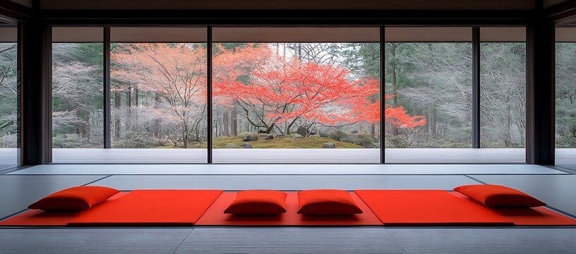 Fototapeta Tranquil japanese room featuring vibrant autumn garden scenery outside
