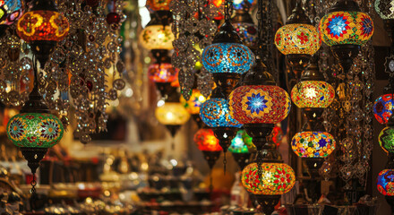 Display of beautifully crafted and colorful turkish mosaic lamps