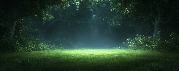 Ethereal clearing in a dark forest illuminated by soft light