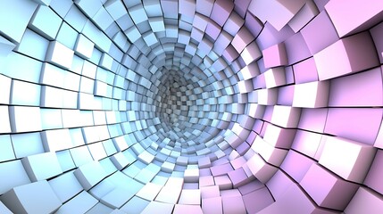 A digital tunnel of interlocking cubes in soft pastel hues, creating a sense of depth and abstract movement. dynamic dimensions perspective angles