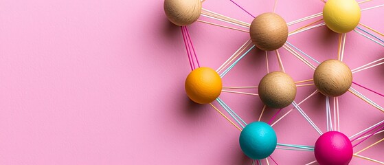 Obraz premium Colorful beads connected by strings on a pink background, symbolizing networking or connections in a creative, playful design. dynamic dimensions perspective angles