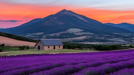 Naklejka premium Sunset over Lavender Field and Stone Chapel with Majestic Mountain Peak
