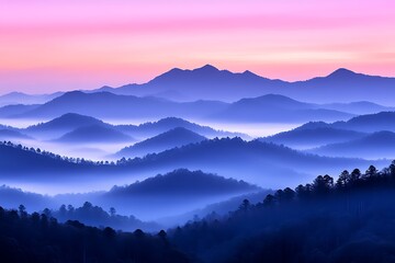 Fototapeta premium Serene Blue Mountains at Dawn, Misty Peaks and Silhouetted Trees
