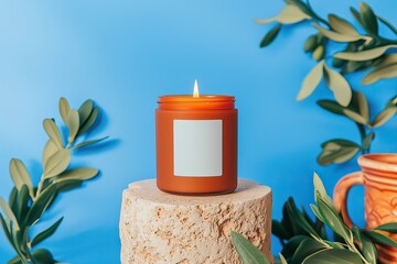 Lit amber candle with blank label on stone stand, surrounded by olive branches against a blue background.
