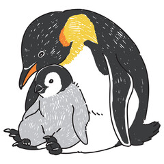 ペンギンの親子の手書きイラスト