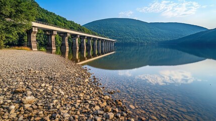 Obraz premium Scenic Reflection of Bridge Over Calm Waters Surrounded by Lush Green Mountains and Blue Sky