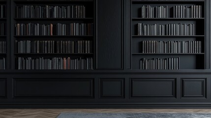 Dark library interior, bookshelves, floor rug