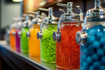 Colorful candy dispensers, shop display, sweet treats, blurred background