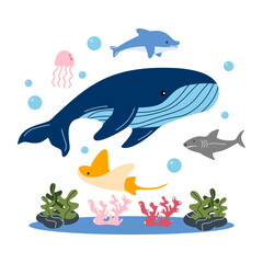 Obraz premium A blue whale swimming in the ocean surrounded by playful dolphins, schools of fish, and jellyfish, showing the diversity and interconnectedness of ocean life.