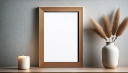 Modern Interior Striking Blank Wooden Picture Frame Mockup on Wall Illuminating Minimalist Ambience, Ideal for Digital Art, Home Decor or Design Inspiration.