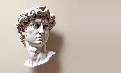 Obraz premium High-quality 3D rendering of David sculpture bust head against a beige wall, perfect for art, design, and creative projects with ample copyspace.