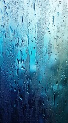 Fototapeta premium Blue Water Droplets on a Windowpane