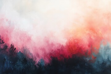 Abstract sunset forest landscape, vibrant colors, misty, peaceful, background design