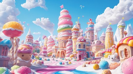Whimsical candy land city with buildings made of sweets