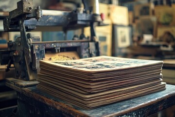 Fototapeta premium Vintage Printing Press and Stack of Papers - A Glimpse into the Art of Printing
