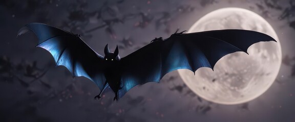 Dark flying bat with iridescent wings, silhouetted against moonlight, black bat,  mysterious,  lunar light