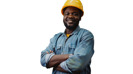 Cheerful Black African American Factory Worker on PNG Transparent, Wearing Hard Hat and Work Uniform on Production Line