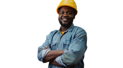 Cheerful Black African American Factory Worker on PNG Transparent, Wearing Hard Hat and Work Uniform on Production Line