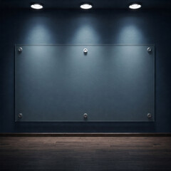 A modern glass board mounted on a dark blue wall, secured with four metallic bolts. Two spotlights cast soft light, enhancing the sleek, minimalist aesthetic. A dark wooden floor adds depth and contra