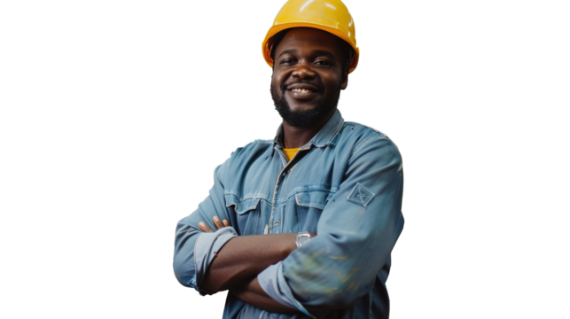 Cheerful Black African American Factory Worker on PNG Transparent, Wearing Hard Hat and Work Uniform on Production Line
