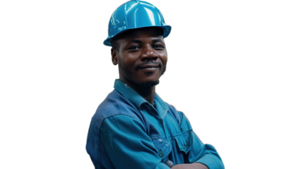 Happy Black African American Factory Construction Worker on PNG Transparent with Hard Hat and Work Clothes on Production Line
