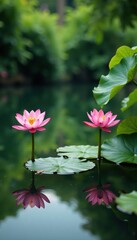 Blooming flowers and lush foliage in a peaceful pond, pond, reflection