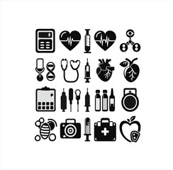 Healthcare, HIV Virus Organism and Medical Icons Set - Black and White Vector Illustration