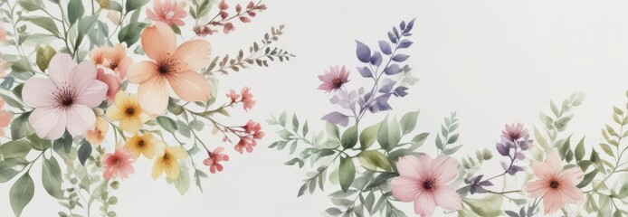 Delicate watercolor flowers and leaves on white background,  leafy greens,  floral design,  delicate blooms