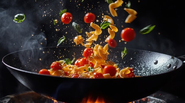 Dynamic shot of shrimp, broccoli, and vegetables tossed in a wok with steam and water droplets flying, showcasing high-heat cooking.  
