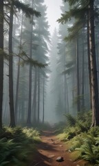 Fototapeta premium Dense forest with tall coniferous trees and misty atmosphere, misty atmosphere, forest scenery, outdoors