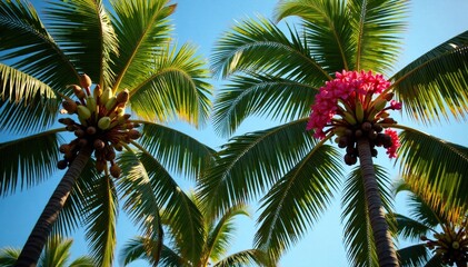 Fototapeta premium Colorful coconut tree top with large pollen flowers in full bloom, coconuts, tropical plants