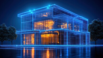 Nighttime wireframe house design, landscape, digital, architecture