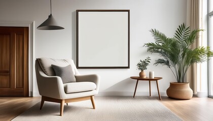 Bright Living Room Interior Vibrant Armchair and Poster in a Cozy, Modern Space, Exuding Positivity and Comfort Amidst Minimalistic Warmth