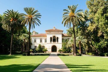 Fototapeta premium Mansion with palm trees on a sunny day for real estate ads and travel brochures