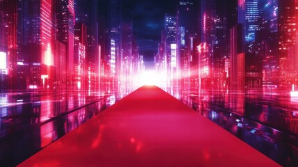Fototapeta premium Red carpet stretches through futuristic city illuminated by bright lights