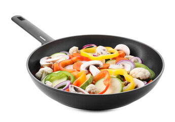 Frying pan with mix of vegetables and mushrooms in air isolated on white