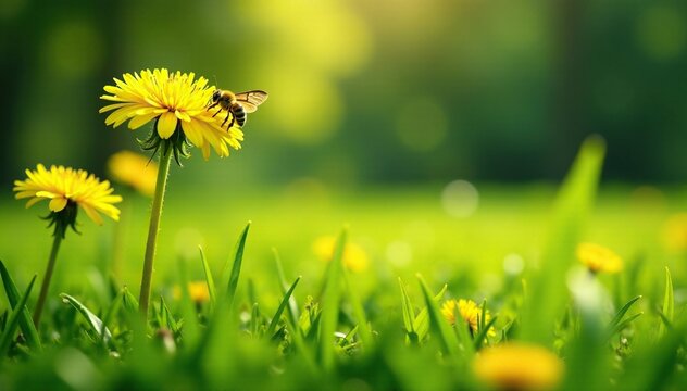 Fototapeta Dandelion flowers on a lawn with bees and butterflies, no mow may, flowers on lawn