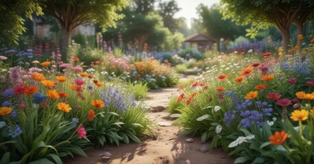 Earthy tones of a blooming garden with lush greenery and colorful wildflowers ,  botanicals,  foliage,  botanicals