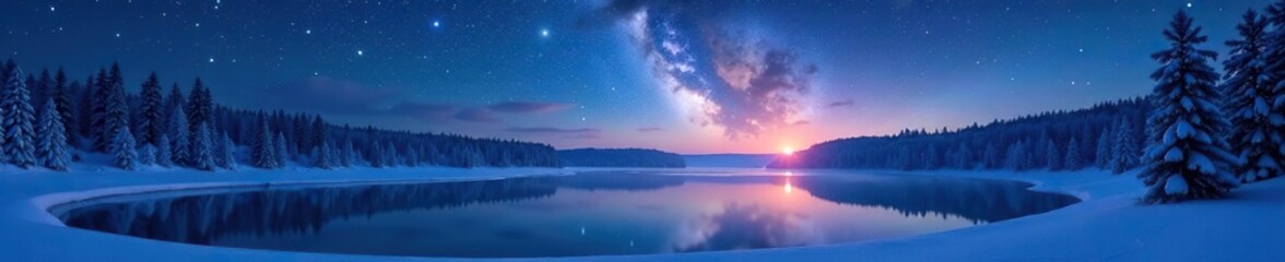 Fototapeta premium Starry night scene with a frozen lake and snowy trees, frosty, lake