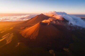 Volcanic landscape at sunrise. High-angle view of active volcano and surrounding mountains. Possible use for nature, travel, or adventure promotion