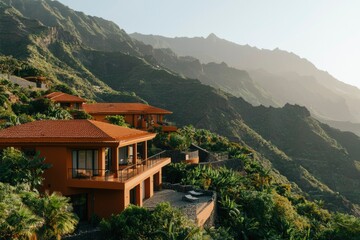 Fototapeta premium Mountainside villas at sunrise, scenic, tranquil getaway, excellent for tourism marketing
