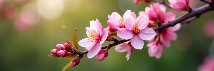 Obraz premium Delicate pink flowers unfolding on a tree branch, flowers, pink, trees